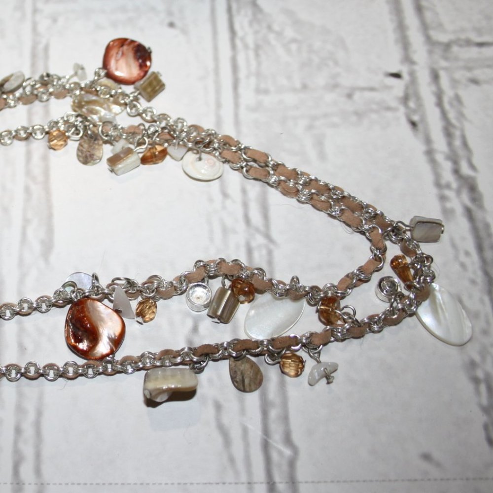 🐚 Silver, Peach & Shell Charm Necklace · 36” Statement Length